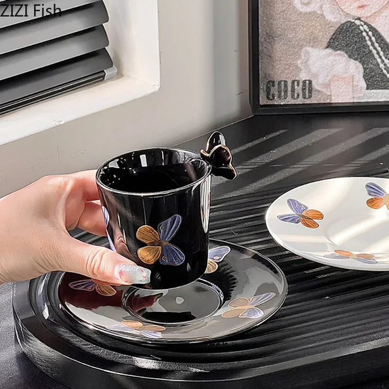 DecorBites™ Butterfly Pattern Ceramic Cup & Saucer Set for Dining Table and Coffee