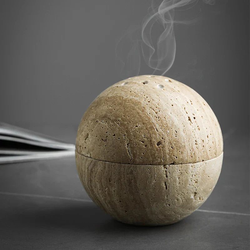 DecorBites™ Beige Travertine Marble 9-Hole Sphere Incense Burner Burner Wood Plate Holder