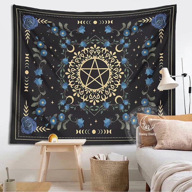 DecorBites™ Blue Rose Moon Floral Tapestry Wall Hanging Botanical Tarot Mat