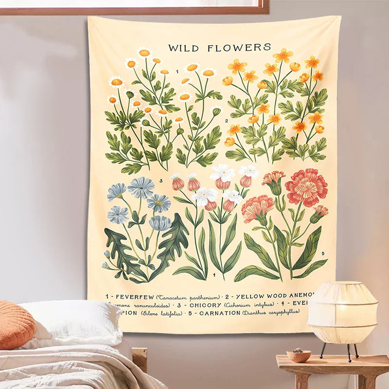 DecorBites™ Botanical Wildflower Reference Chart Tapestry Wall Hanging - Bohemian Home Decor