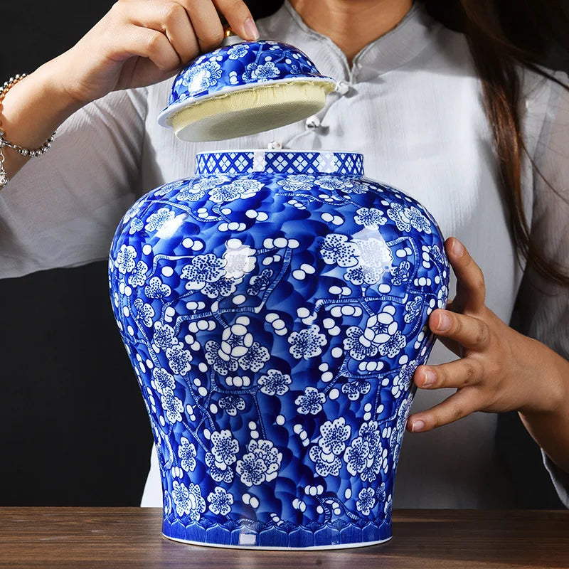 DecorBites™ Blue White Porcelain General Jar Tea Pot Sealed Storage Tank Home Decor