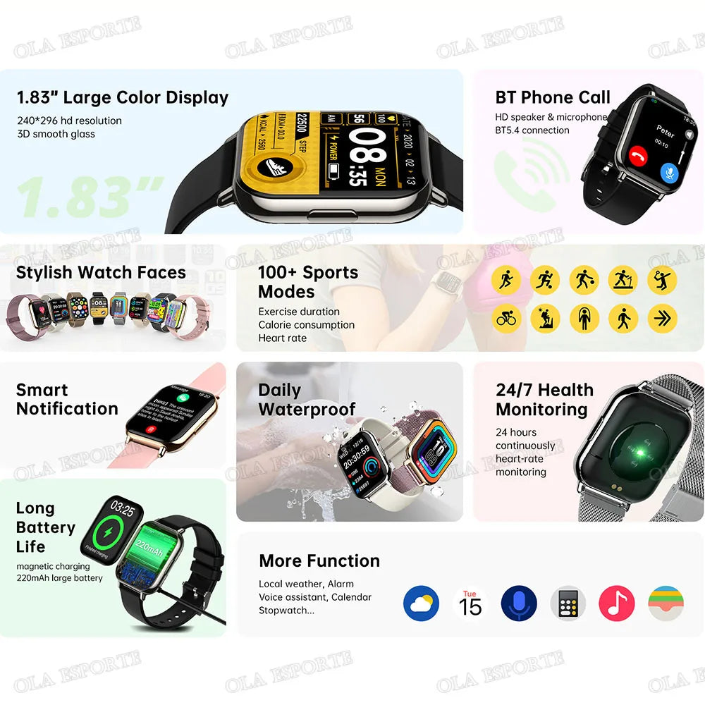 2026 Upgraded Smart Watch Heart Rate Blood Oxygen/Pressure Sleep Monitoring Bluetooth Call Voice Assistant Sport Mode Smartwatch