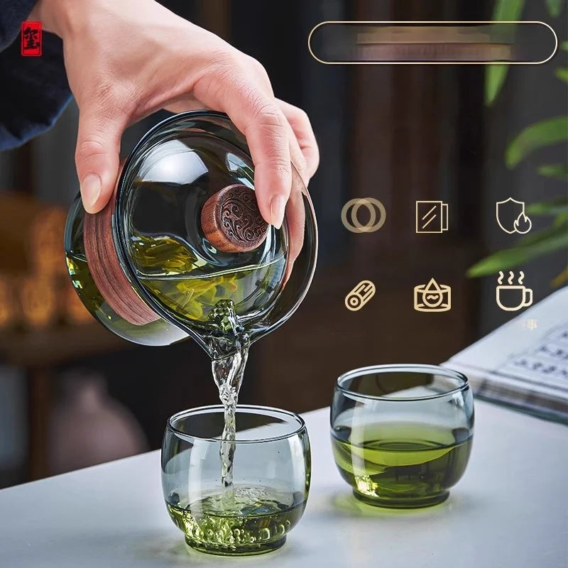 DecorBites™ Glass Teapot Set: Chinese Kung Fu Tea Bamboo Tray & Quick Drain Storage