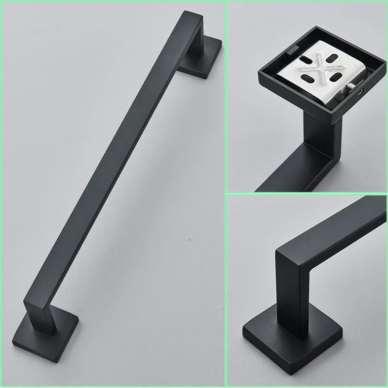 DecorBites™ Black Bathroom Hardware Set: Robe Hook, Towel Rail, Shelf, Tissue Holder
