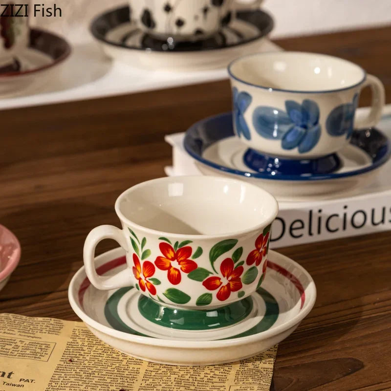 DecorBites™ Ink Flowers Ceramic Cup & Saucer Set - Gold-plated Coffee Mug for Dining Table