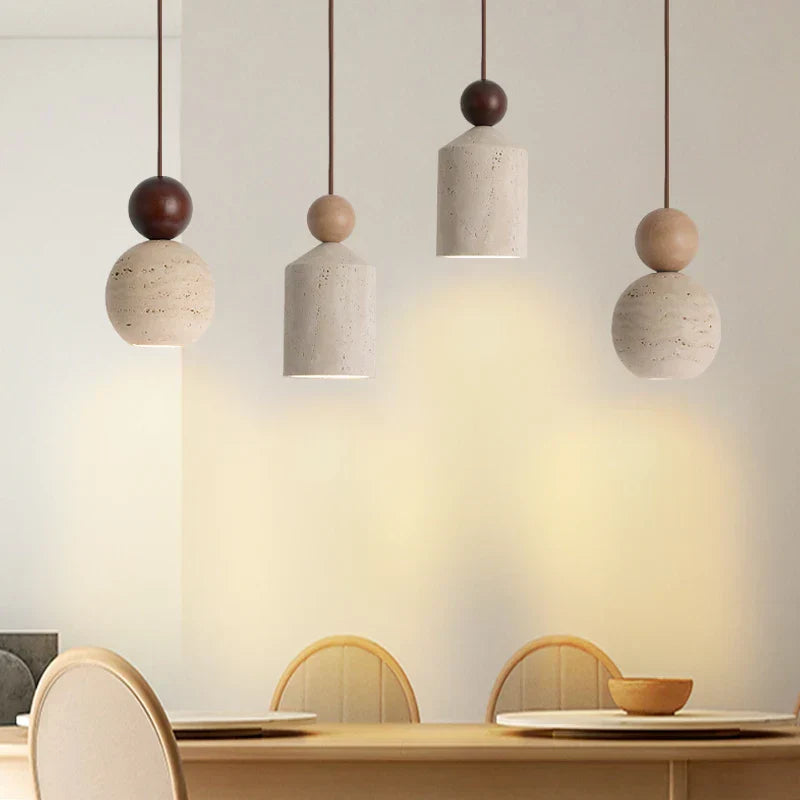 DecorBites™ LED Pendant Lamp with Wood Canopy & White Glass Chandelier - Yellow Travertine Kitchen Bedroom Lighting