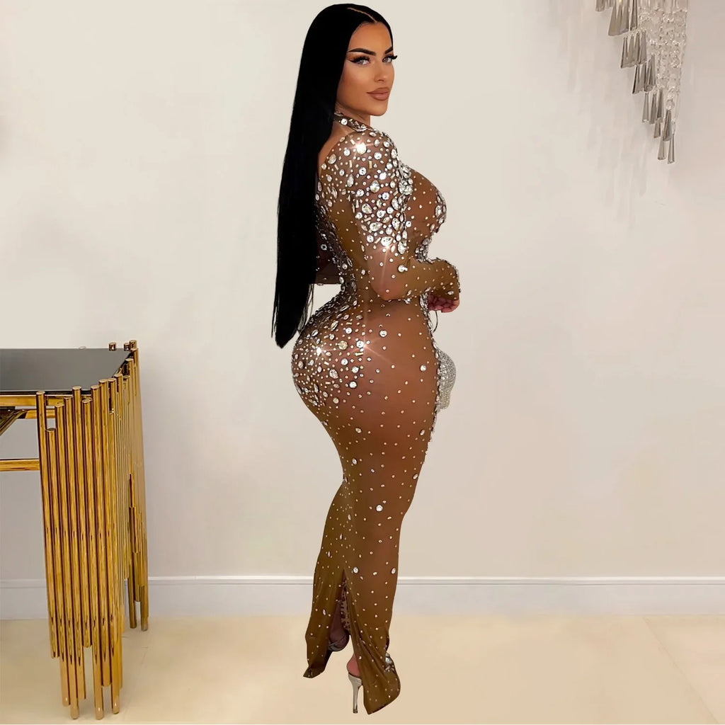 Glam See-Through Mesh Crystal Night Out Dress Birthday Outfits Vestido Women's Silver Rhinestones Long Maxi Dress