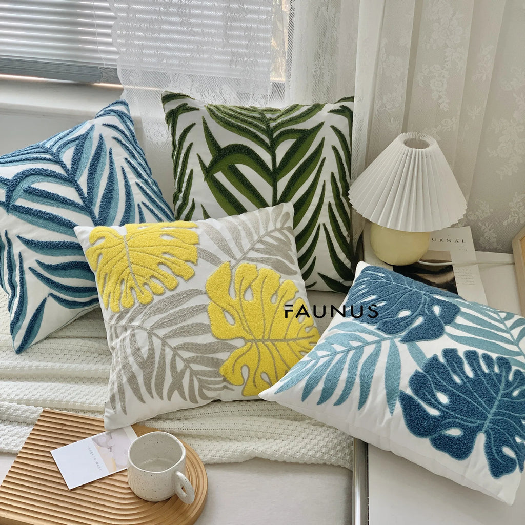 DecorBites™ Leaf Embroidered Cotton Cushion Cover Set - Home Decor Pillow Covers 45x45