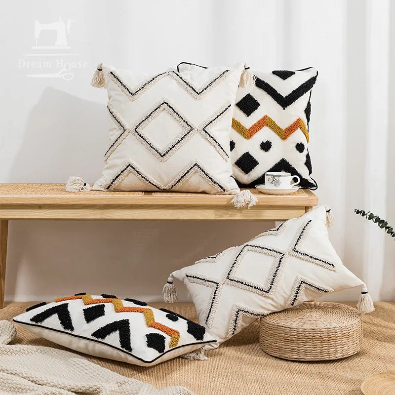 DecorBites™ Ethnic Style Black Tassel Cushion Cover for Modern Home Sofa Décor