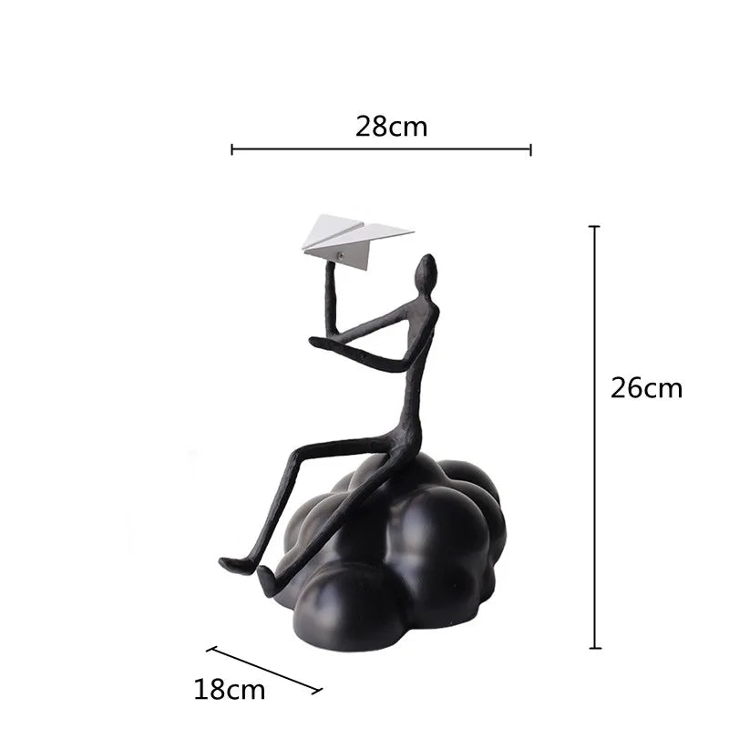 "DecorBites™ Resin Paper Airplane Cloud Figure for Home Decor - Black Cartoon Abstract Figurine"