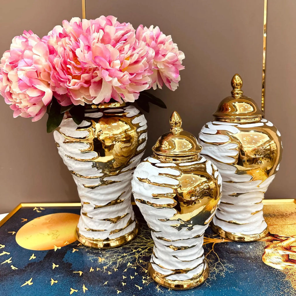 DecorBites™ Gold & White Grain Ceramic Jar: Home Decor & Storage Accessory