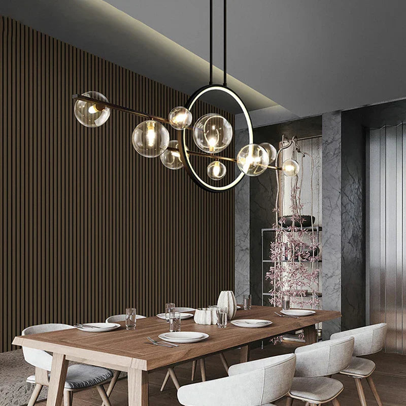 DecorBites™ Black Ring LED Pendant Light with Glass Lampshade for Dining Room and Kitchen