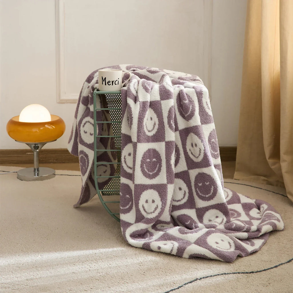 DecorBites™ Knitted Checkboard Smile Face Design Fluffy Blanket - Spring Violet Pink Gray Blanket