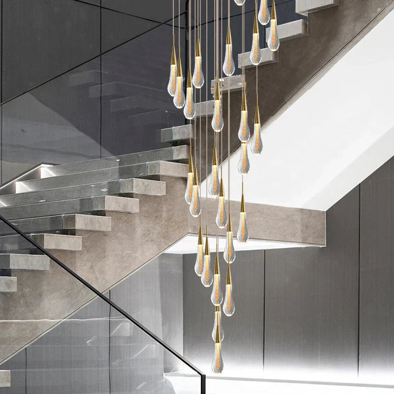 DecorBites™ Crystal Tear Drop Chandelier for Staircase, LED Pendant Light in Gold - Indoor Decor