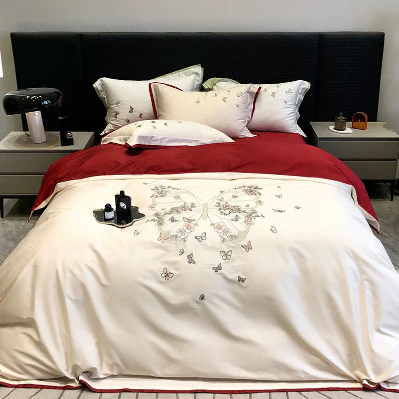 DecorBites™ Butterfly Flowers Embroidery Wedding Bedding Set 1000TC Egyptian Cotton Duvet Cover