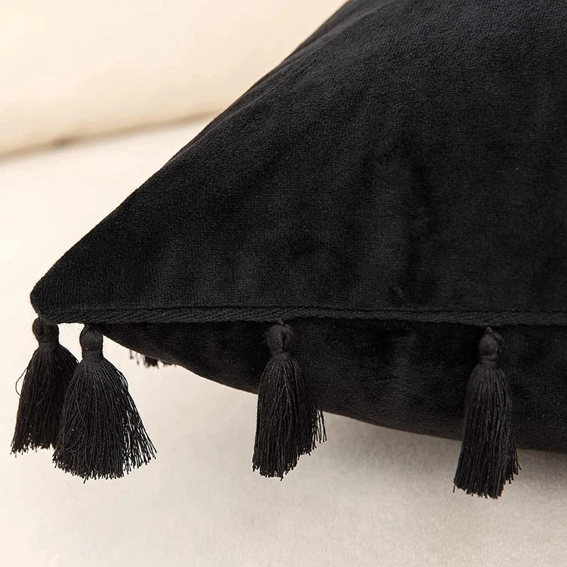 DecorBites™ Black Velvet Tassel Fringe Throw Pillow Cover for Bed Sofa Couch