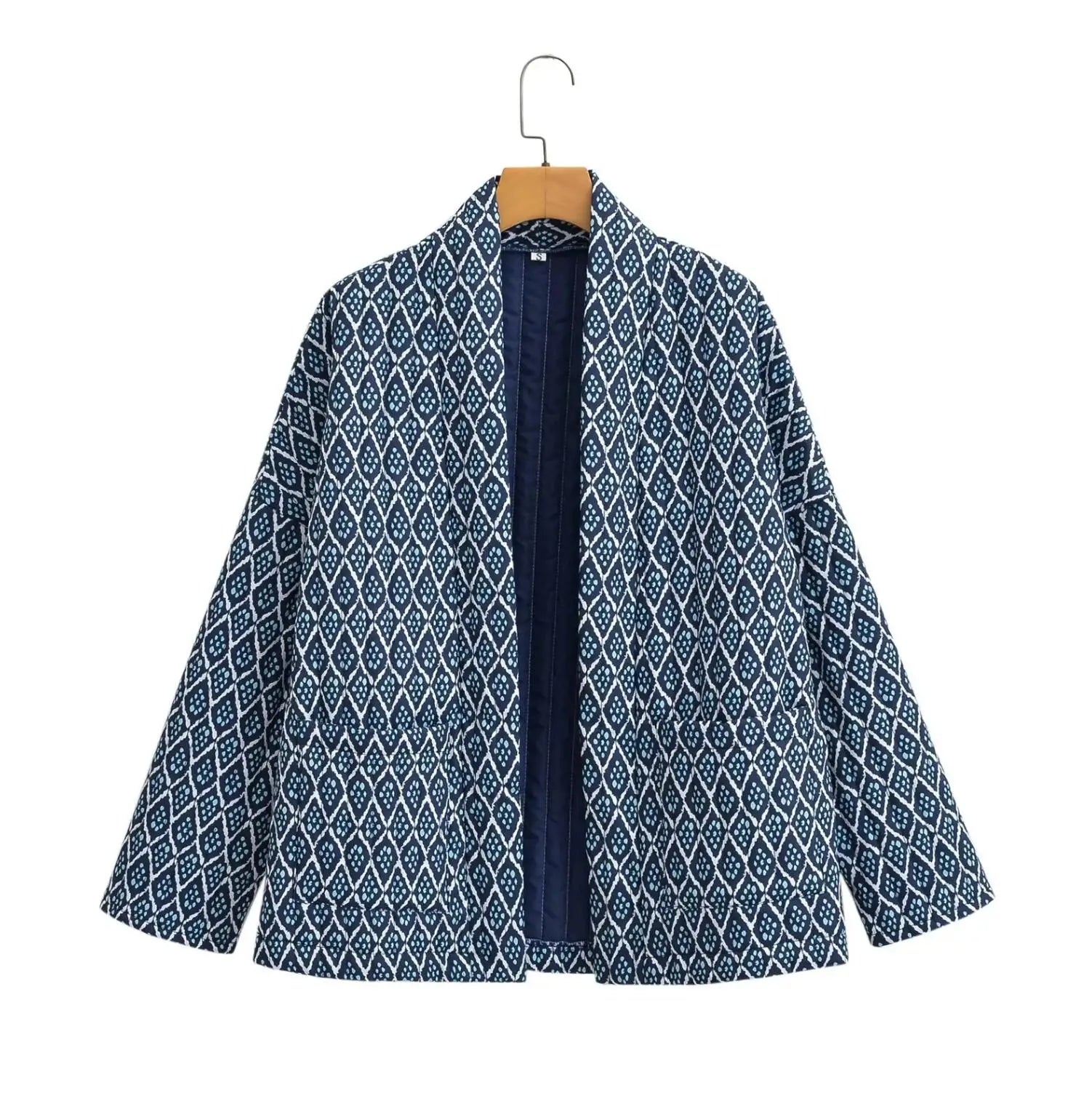 Autumn Winter Blue Geometric Plaid Print V Collar Quilted Coat Ethnic Women Long Sleeve Oversized Jackets Loose Outwear