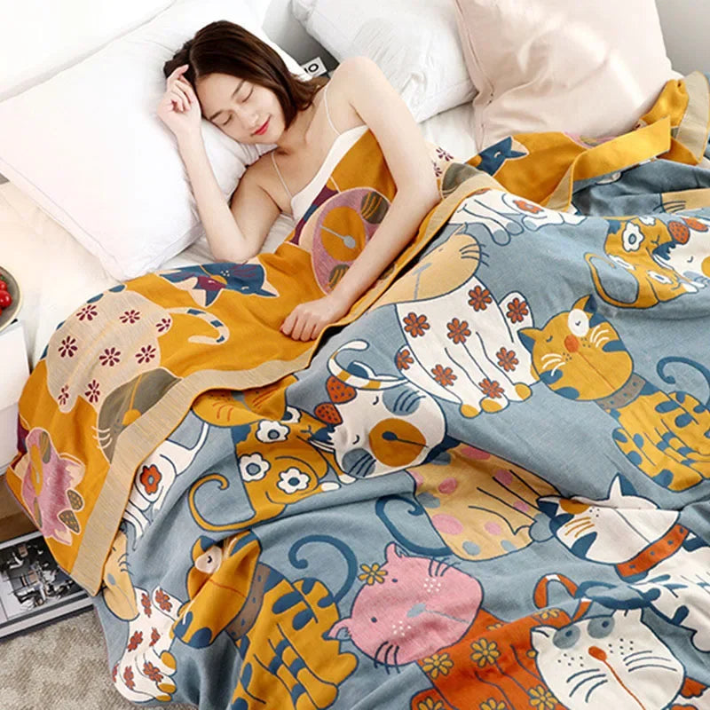 DecorBites™ Cartoon Cat Summer Quilt - 100% Cotton Leisure Blanket