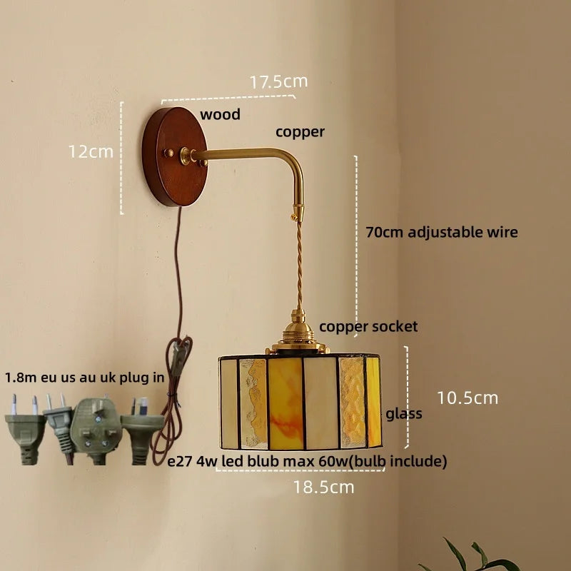 DecorBites™ Ceramic LED Wall Light Copper Pull Chain Wood Base Modern Bedside Lamp