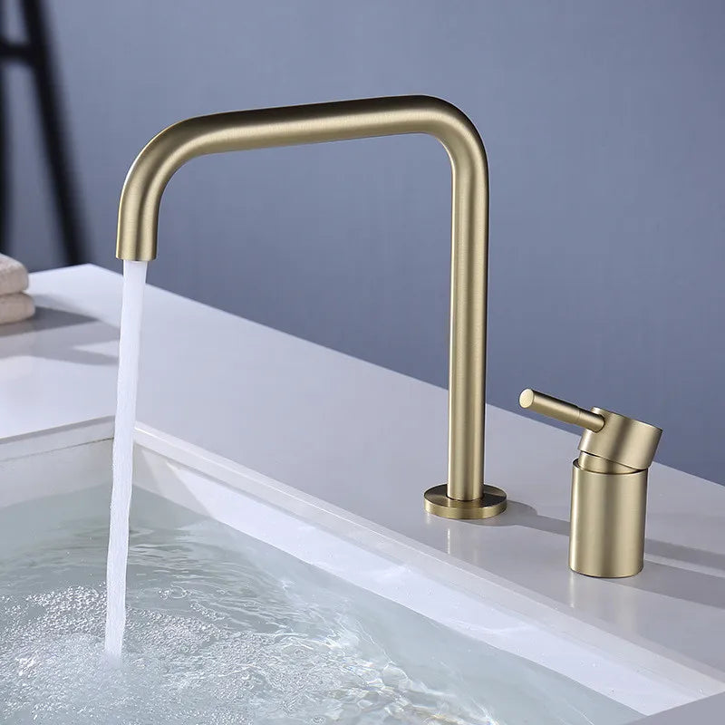 DecorBites™ Black Basin Faucet: Brushed Gold Two-Hole Bathroom Sink Tap with Rotating Spout