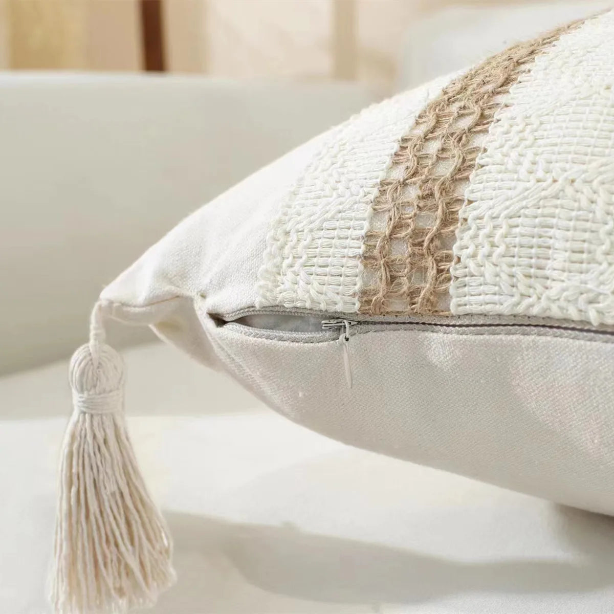 DecorBites™ Linen Stripe Diamond Woven Cushion Cover 45x45cm with Tassels