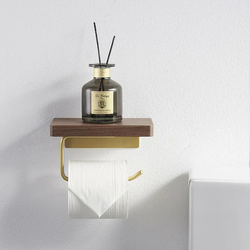 DecorBites™ Brass & Wood Wall-mounted Toilet Paper Holder & Tissue Box Rack
