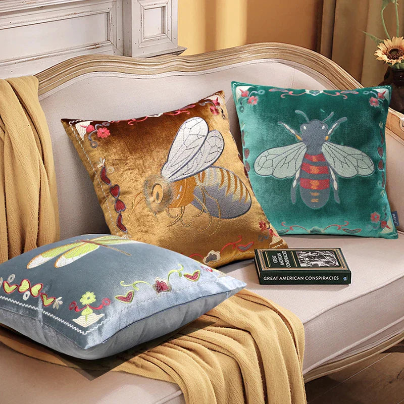DecorBites™ Bee Embroidery Cushion Cover - Exquisite Animal Design for Sofa Decor