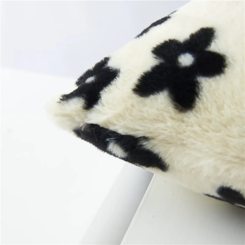 DecorBites™ Black/White Flower Cow Pattern Plush Cushion Cover 50x50 - Double Sided Print