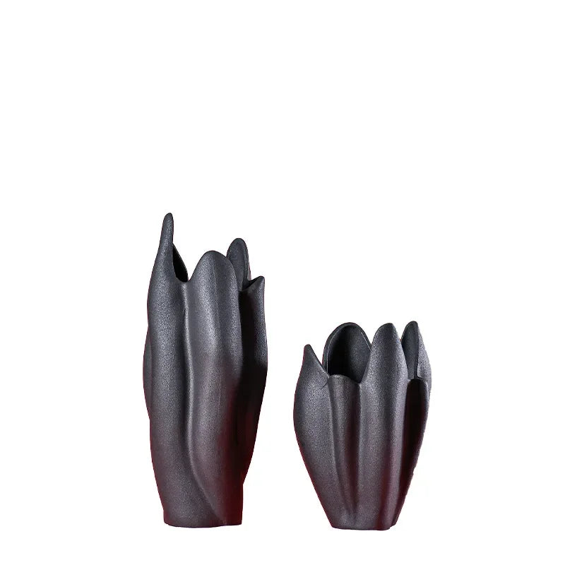 DecorBites™ Black Texture Ceramic Vase Irregular Crafts Flower Arrangement Home Decoration