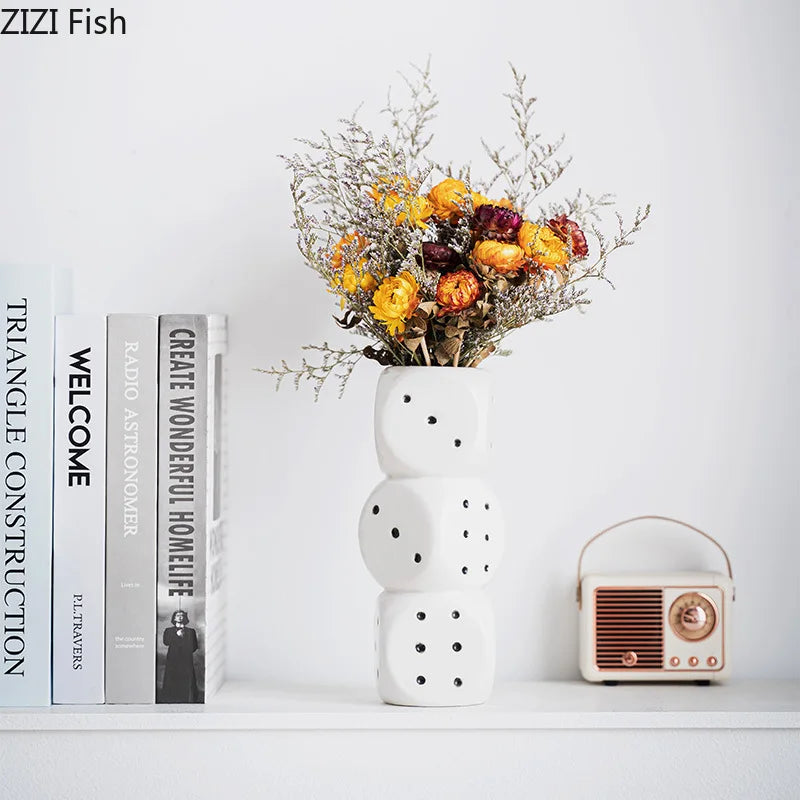 DecorBites™ Ceramic Dice Vase Desk Decor Flower Arrangement Artificial Flowers Room Aesthetic