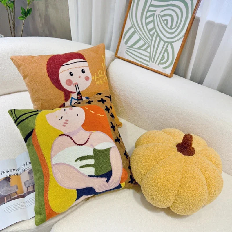 DecorBites™ Cartoon Oil Painting Embroidery Throw Pillow for Office Chair, Living Room, Bedroom