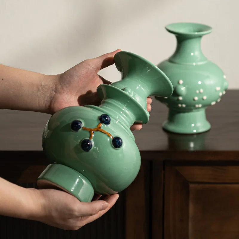 DecorBites™ Chinese-style Retro Ceramic Vase, Handmade Relief Pot Flower Vase for Home Decor
