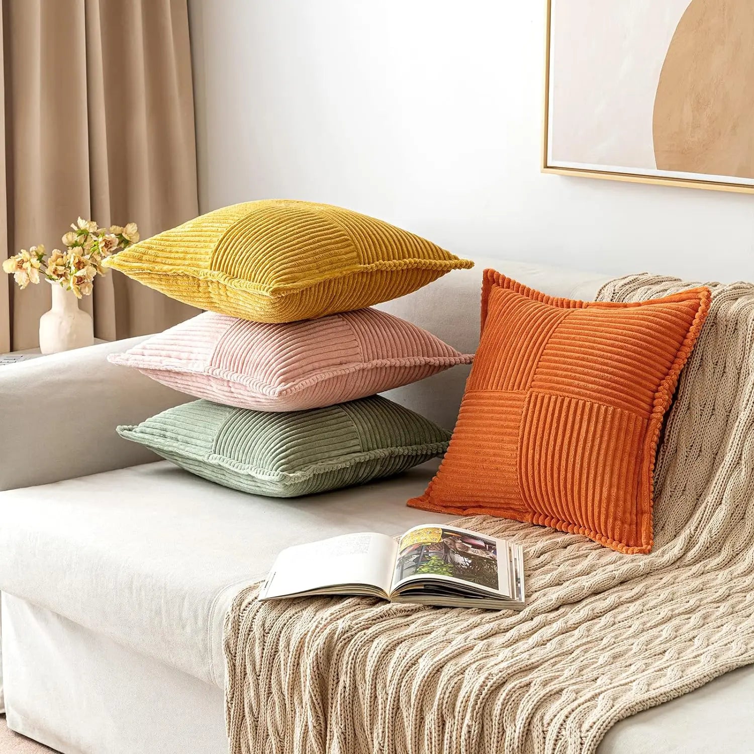 DecorBites™ Boho Striped Pillow Covers for Sofa Bed Decor, 45x45 White Polyester Pillowcases