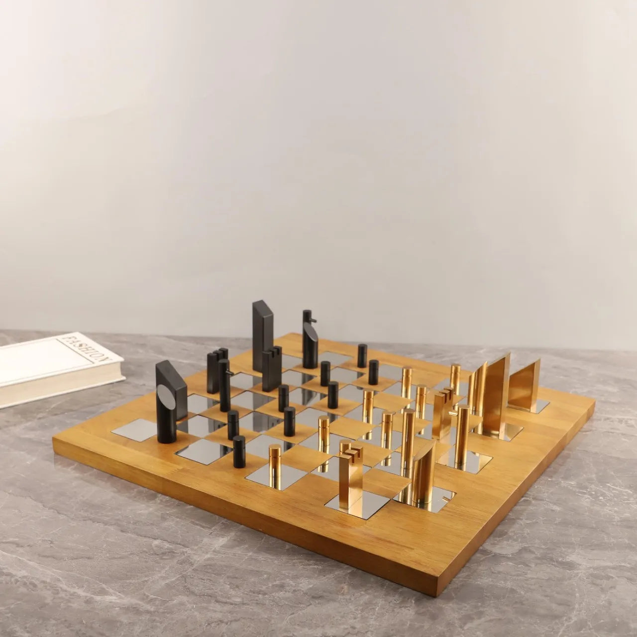 "DecorBites™ Geometric Block Chess Set - Wooden Metal Chessboard Home Decor"