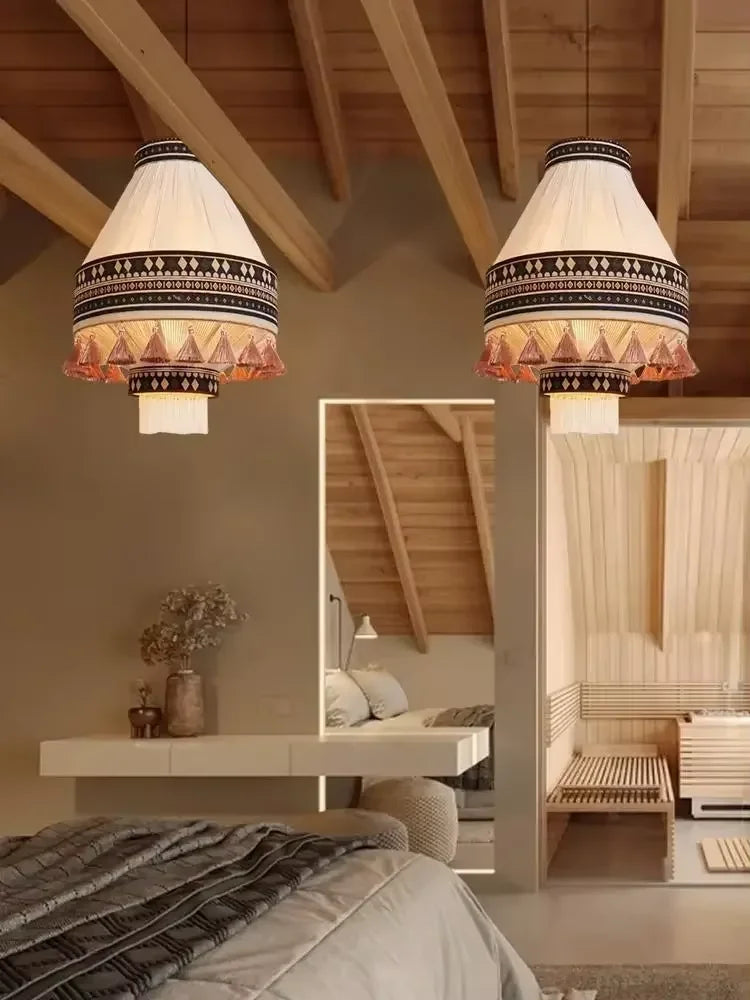 DecorBites™ Bohemian Fringe Pendant Lamp: Retro Tassels Hanging Light in Hand-Woven Hemp Rope Fabric