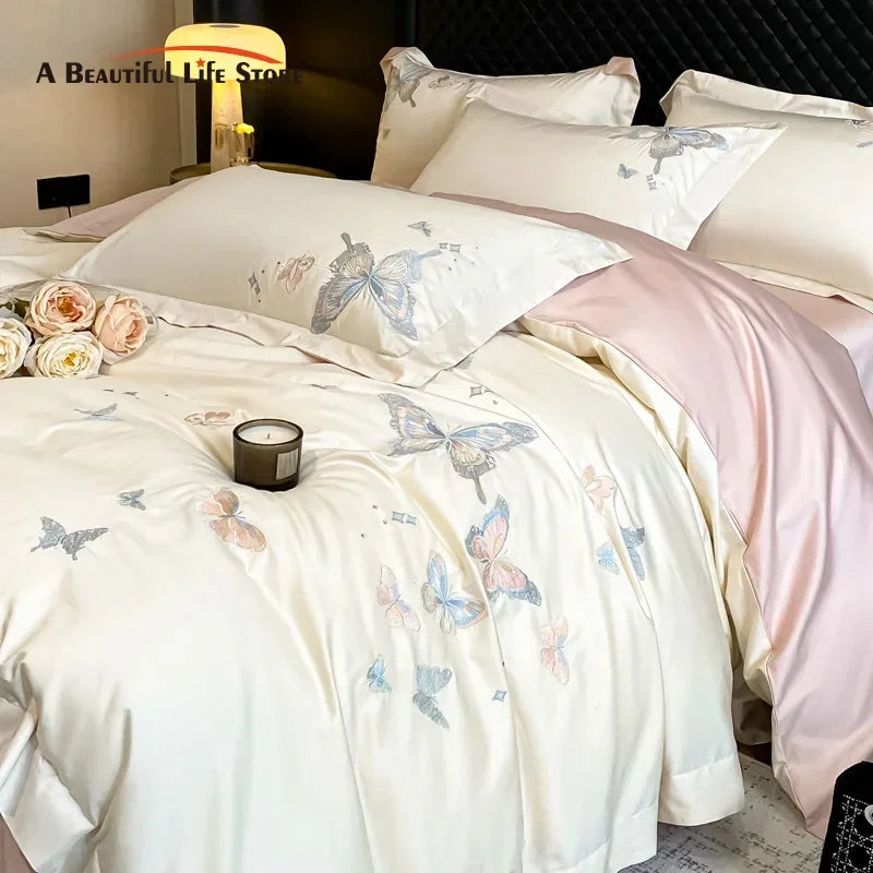 DecorBites™ Butterfly Embroidery 800TC Egyptian Cotton Bedding Set - Quilt Cover, Sheet, Pillowcases