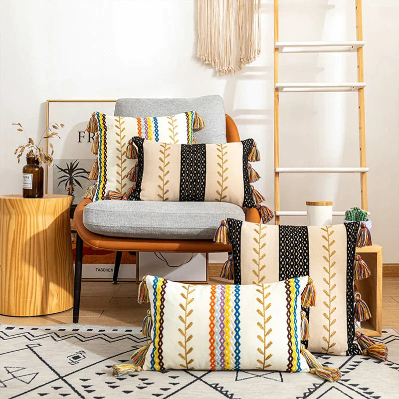 DecorBites™ Bohemian Cotton Embroidery Cushion Cover with Tassel for Home Decoration