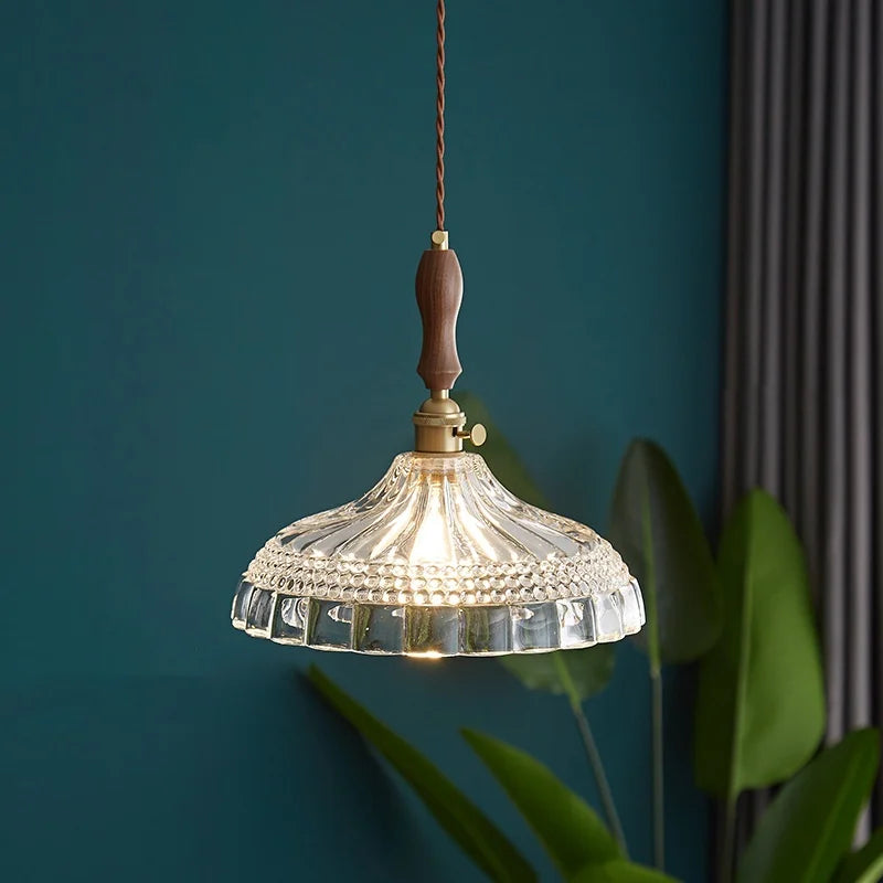 DecorBites™ LED Pendant Light Fixture Wood Handle Clear Glass Modern Hanging Lamp