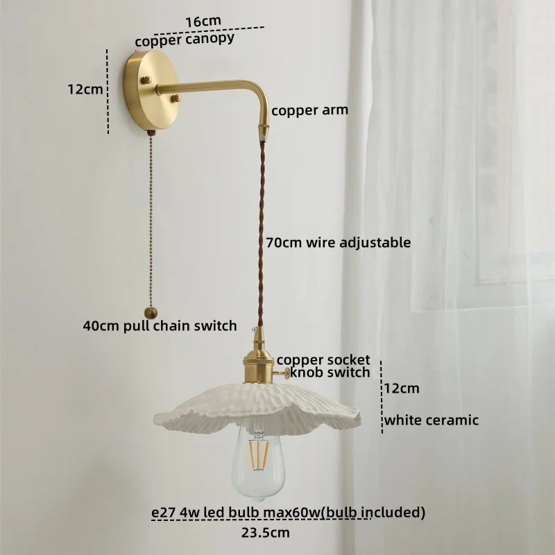DecorBites™ Copper Ceramic LED Wall Light Pull Chain Switch Modern Bedroom Lamp