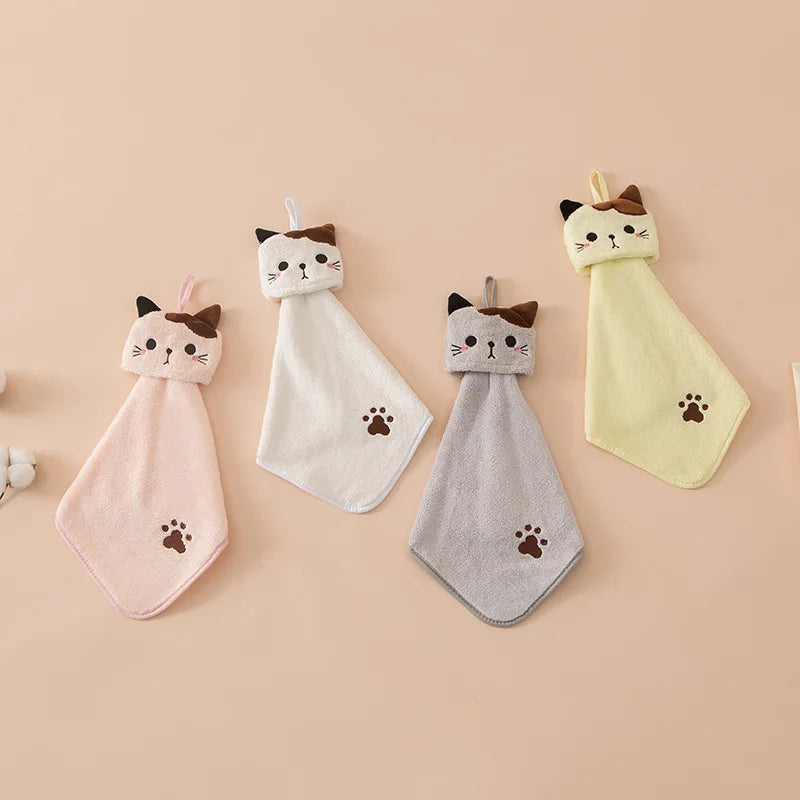 DecorBites™ Cartoon Cat Hand Towel: Thick Coral Velvet Towel for Kitchen & Bathroom