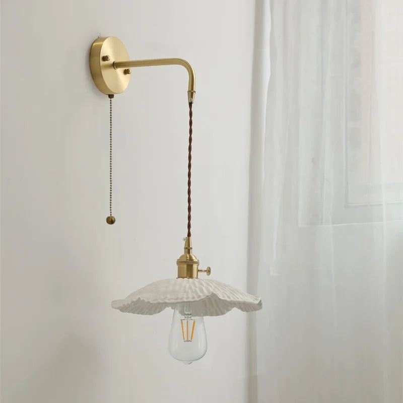 DecorBites™ Copper Ceramic LED Wall Light Pull Chain Switch Modern Bedroom Lamp