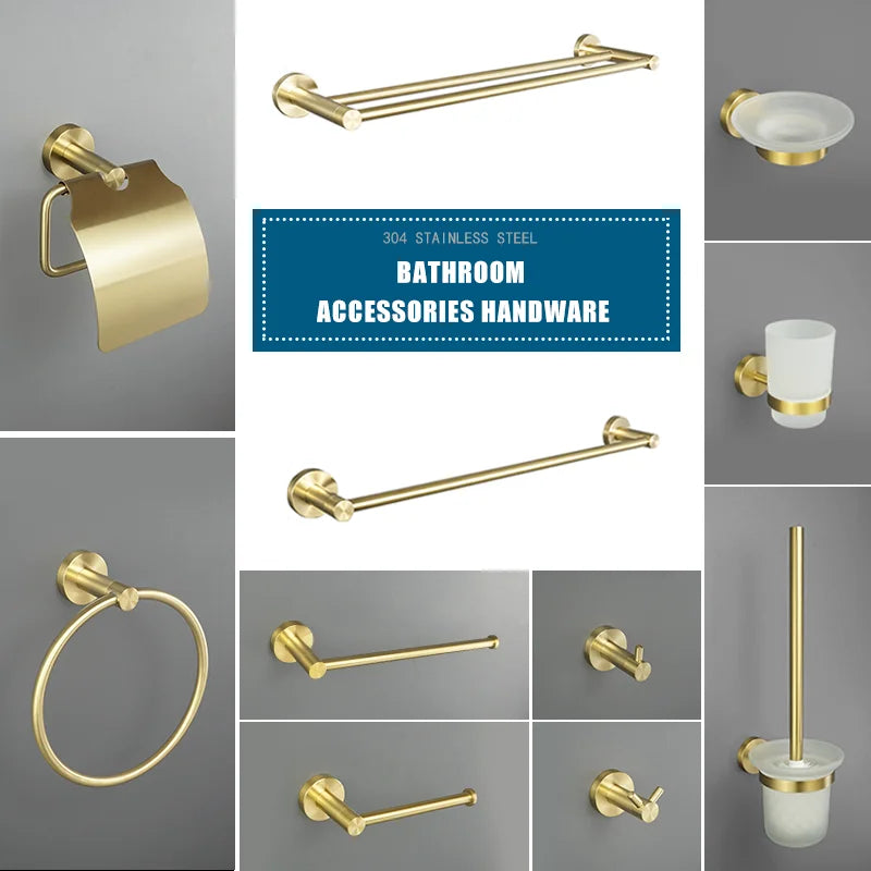 DecorBites™ Brushed Gold Bath Hardware Set: Paper Holder, Towel Bar, Robe Hook - Wall Mount Bathroom Accessories
