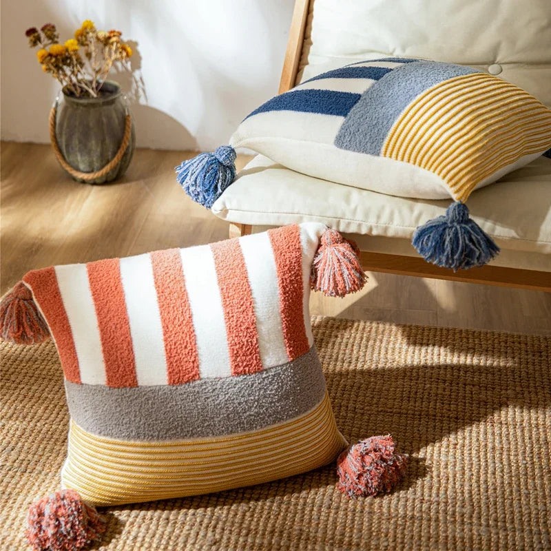 DecorBites™ Knit Stripe Pillow Cover Blue Pink Tassles 45x45cm Soft Living Room Bedroom