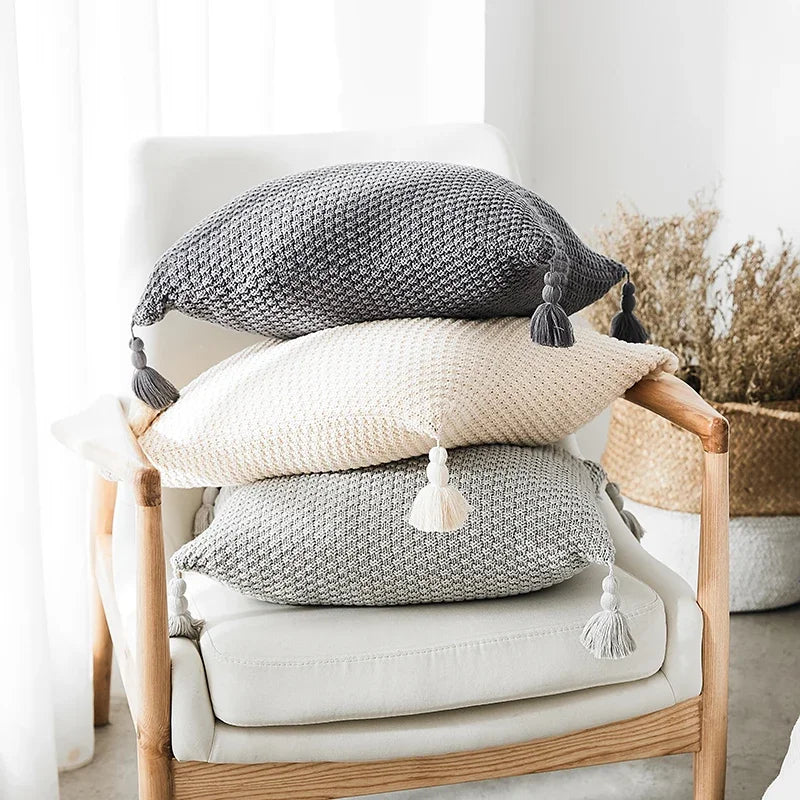 DecorBites™ Knitted Grey Ivory Geometric Pillow Cover with Tassels, 45cm x 45cm
