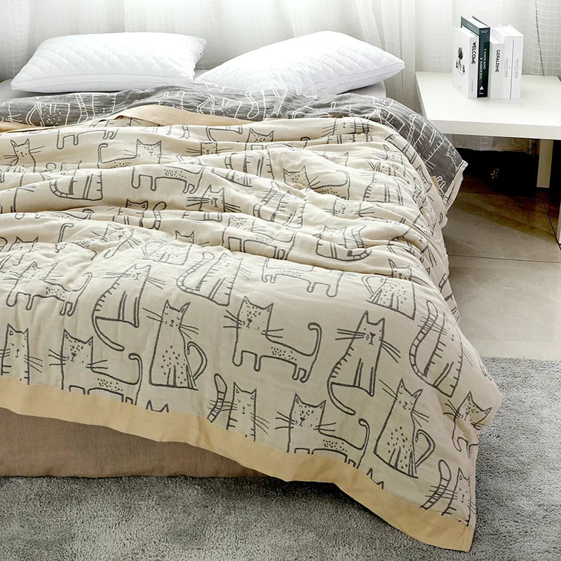 DecorBites™ Cartoon Cat Bamboo Cotton Throw Blanket - Lightweight 4-Layer Knit Woven Blanket