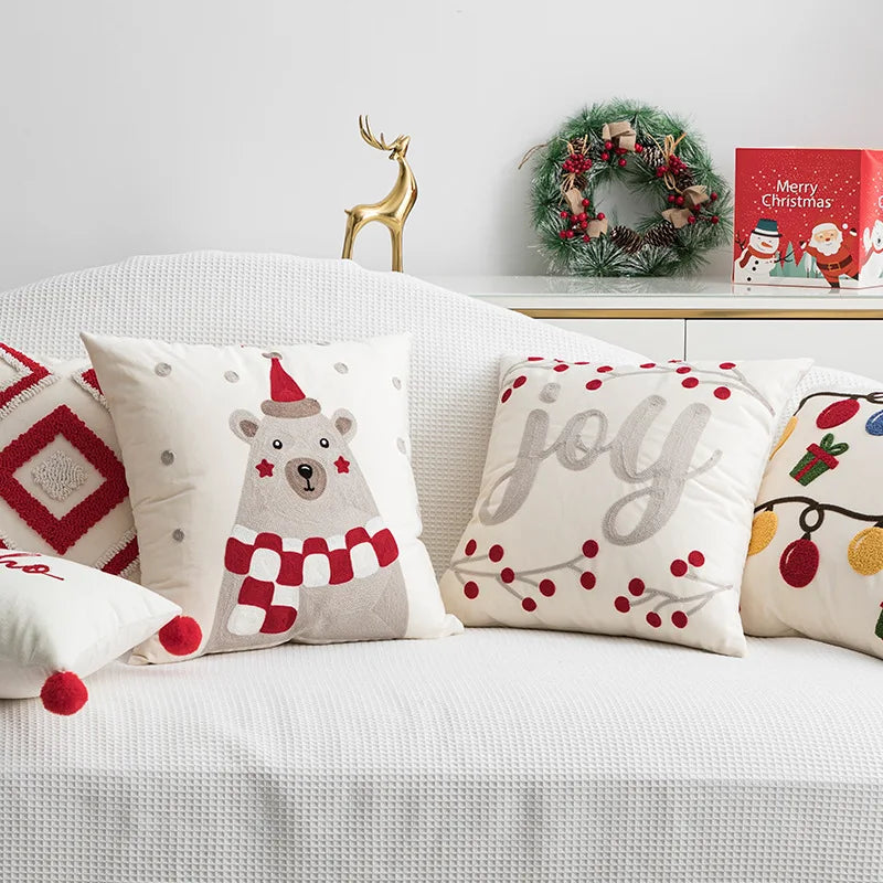 DecorBites™ Christmas Embroidered Red Geometric Cushion Cover - Festive Holiday Throw Pillow Cover