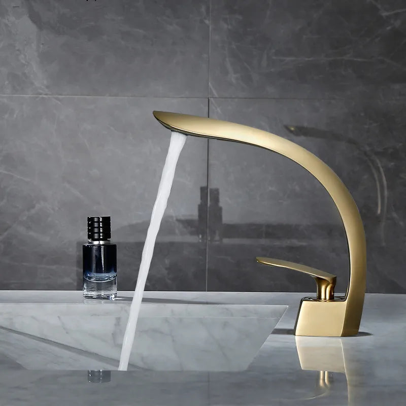 DecorBites™ Brushed Gold Basin Mixer Tap Single Handle Hot Cold Waterfall Faucet