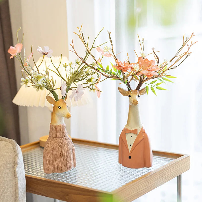 DecorBites™ Cartoon Deer Vase Resin Handicraft, Home Decoration, Animal Sculpture