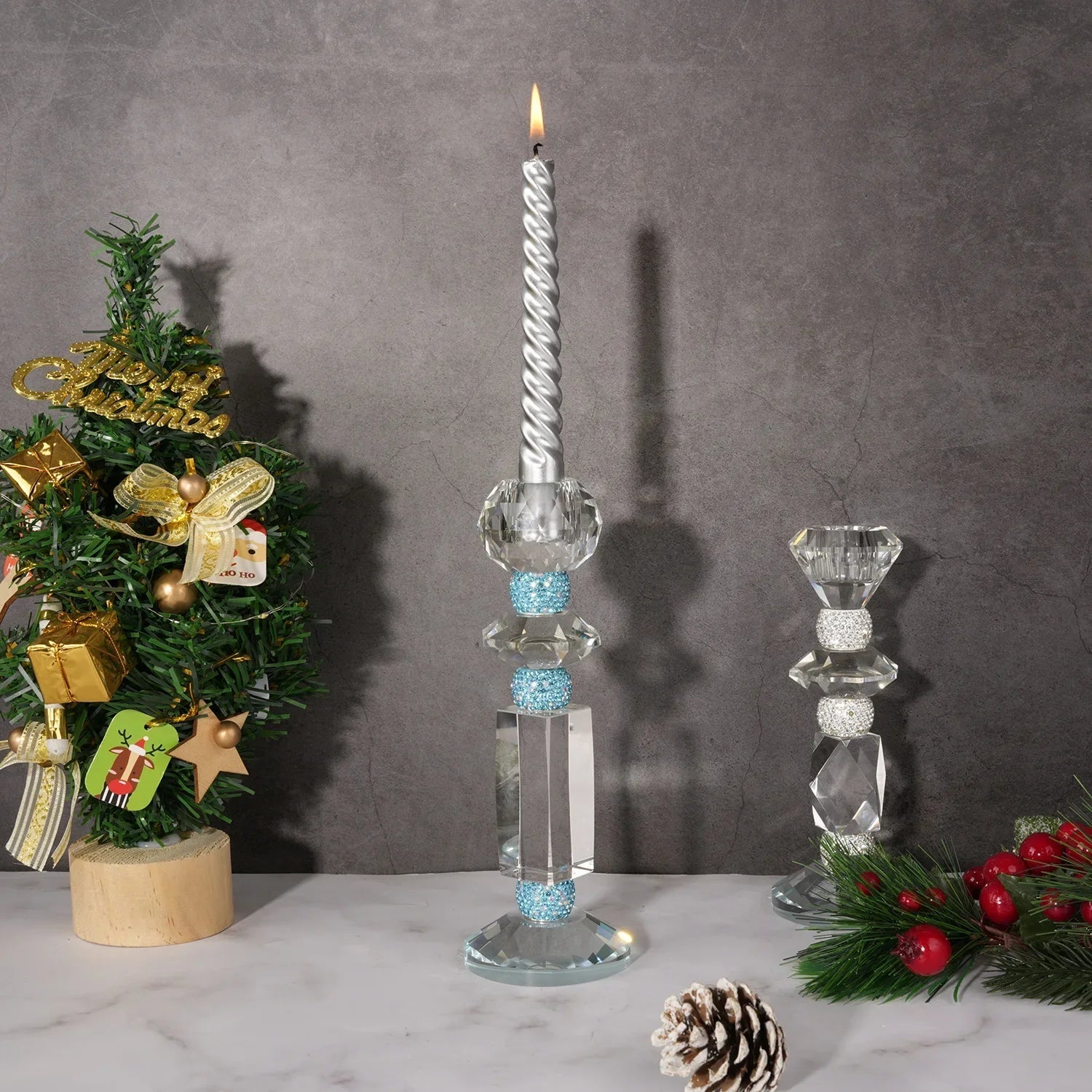 DecorBites™ Blue Diamond Crystal Glass Candle Holder Candelabrum
