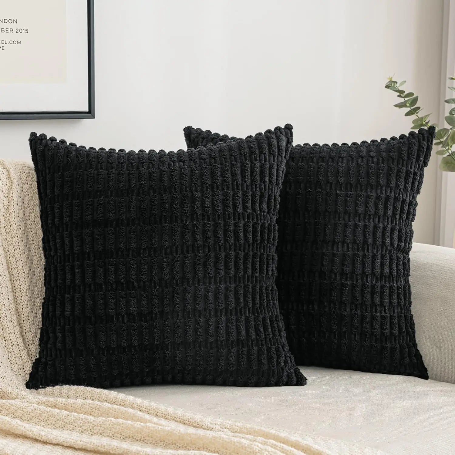 DecorBites™ Black Striped Corduroy Throw Pillow Cover 18x18 Inch Square Cushion Case White Pillowcase
